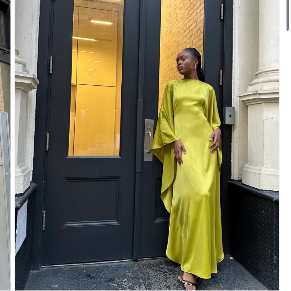 Esme New York Chartreuse Satin Kaftan Dress Modest